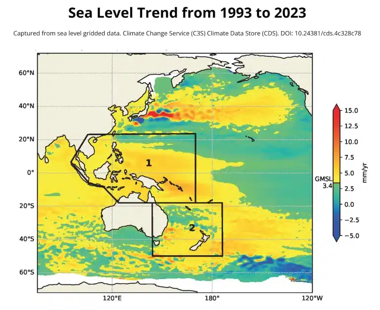 Los niveles del mar en el Pacífico occidental están aumentando a casi el doble de la tasa promedio global. Image: World Meteorological Organization